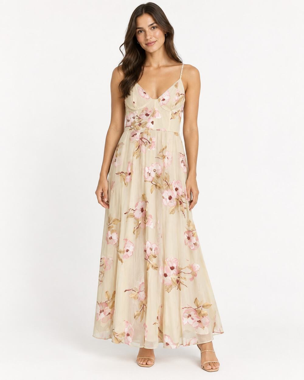 Dee Elly Floral Embroidered Lace Maxi Dress Cream Pink Size Medium